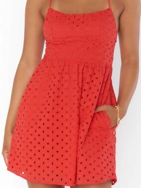 Show Me Your MuMu Red Eyelet Spaghetti-Strap Mini Dress